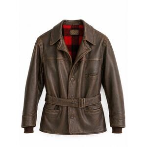 Vintage WB Place Co Leather Jacket Brown Button Up plaid lining Heavy Long small